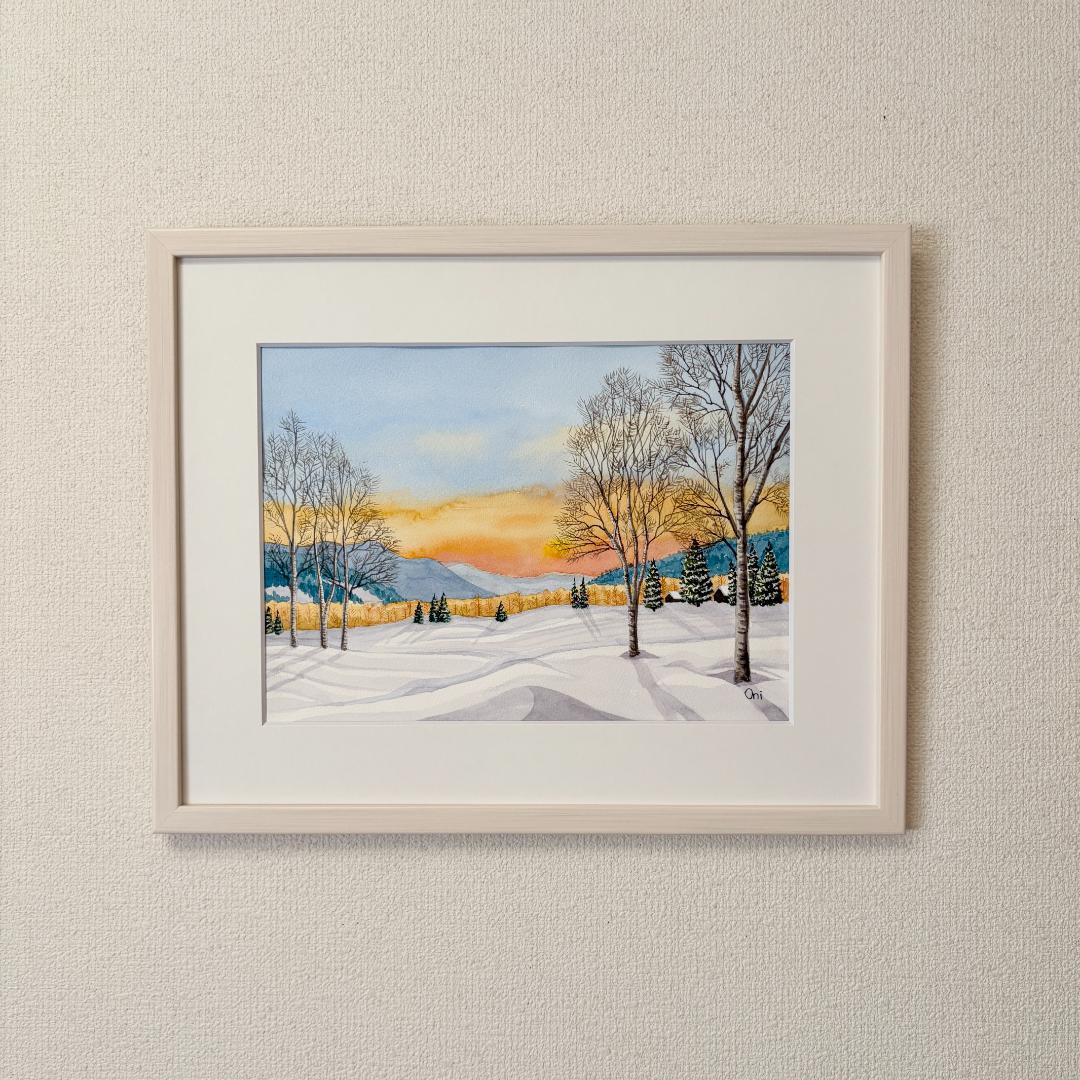透明水彩画　原画　「雪原の朝焼け02」額縁付　風景画　F4サイズ