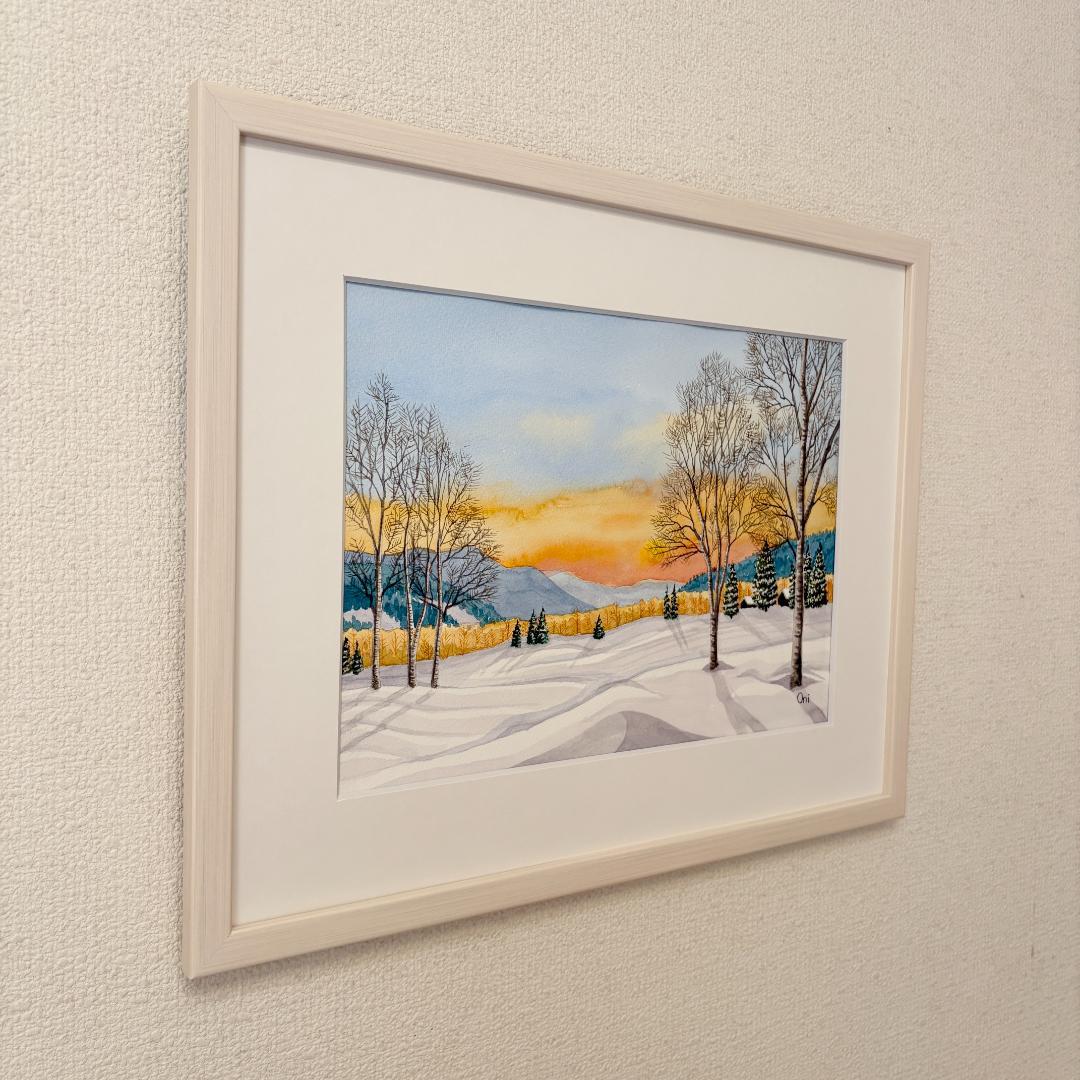 透明水彩画　原画　「雪原の朝焼け02」額縁付　風景画　F4サイズ