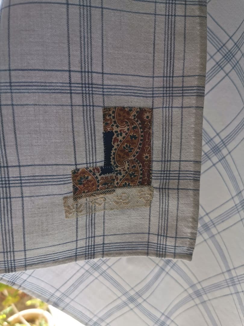 アンティーク インディゴ西洋花更紗アップリケ＆レース装飾付 ブルーチェッククロス