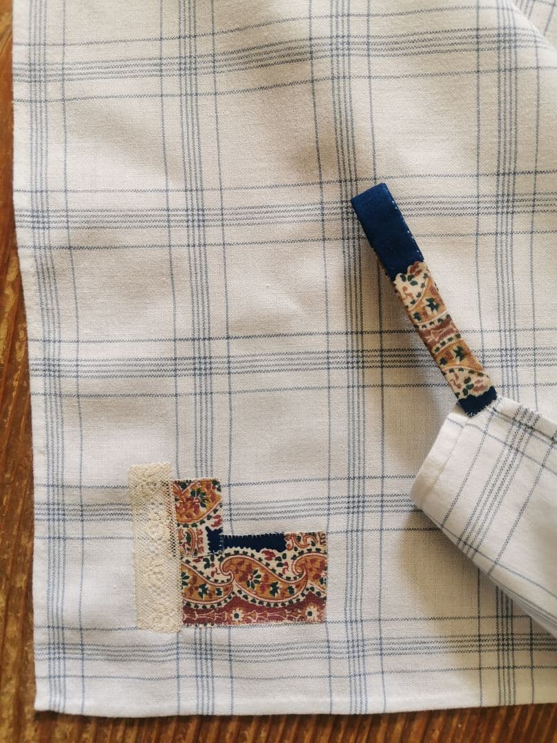 アンティーク インディゴ西洋花更紗アップリケ＆レース装飾付 ブルーチェッククロス