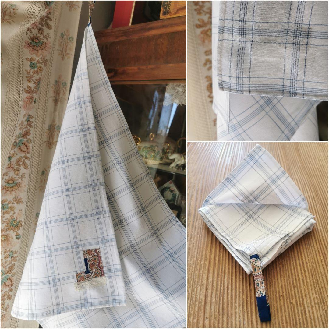 アンティーク インディゴ西洋花更紗アップリケ＆レース装飾付 ブルーチェッククロス