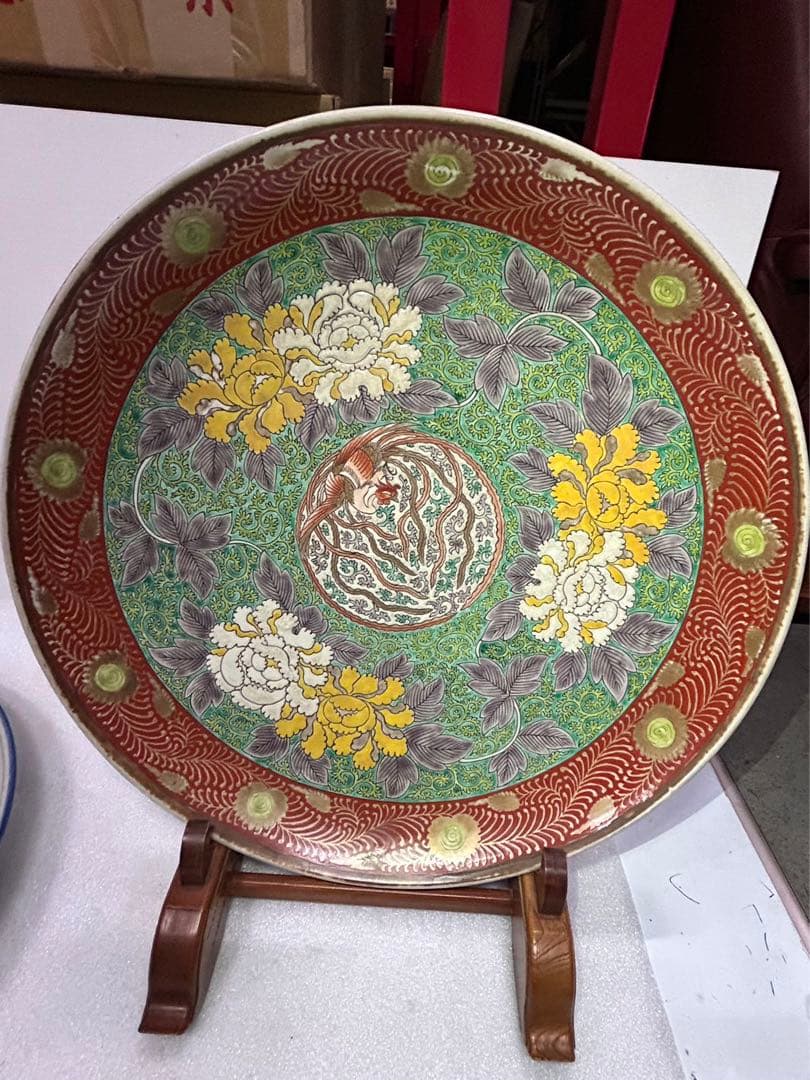 古家蔵出 骨董品 太明成化年製 大皿 鳳 菊 大皿 飾り皿 約47cm