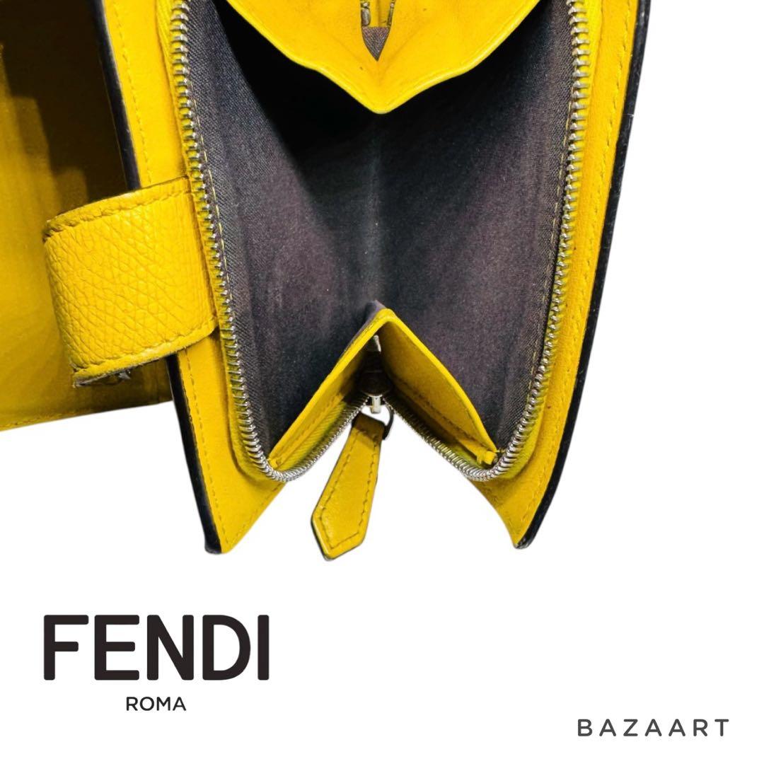 FENDI フェンディ 二つ折り財布 FFロゴ ズッカ レザー 黄色 イエロー
