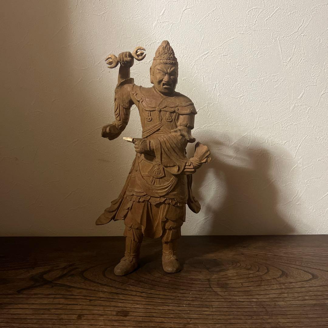 木製 武士像 三叉の槍 約30cm