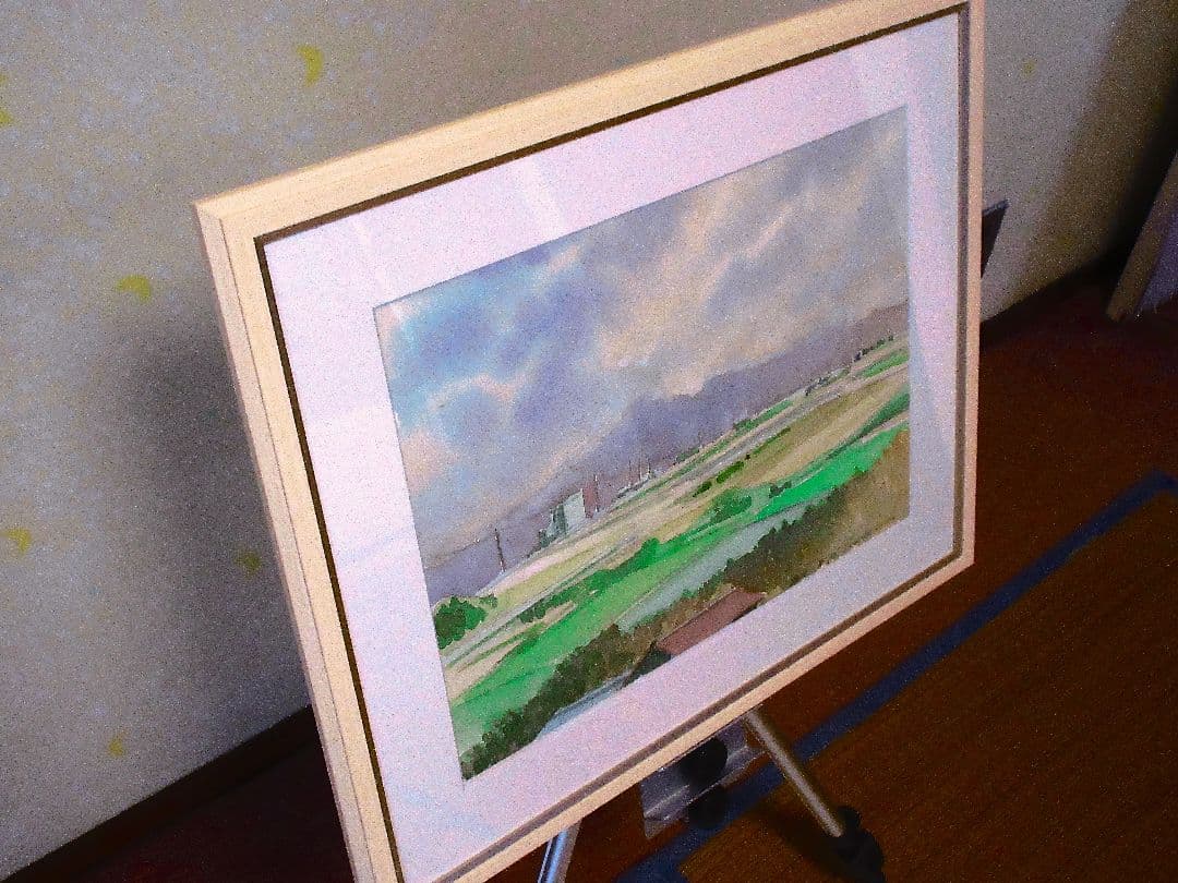 田園風景 水彩画 木製フレーム付き