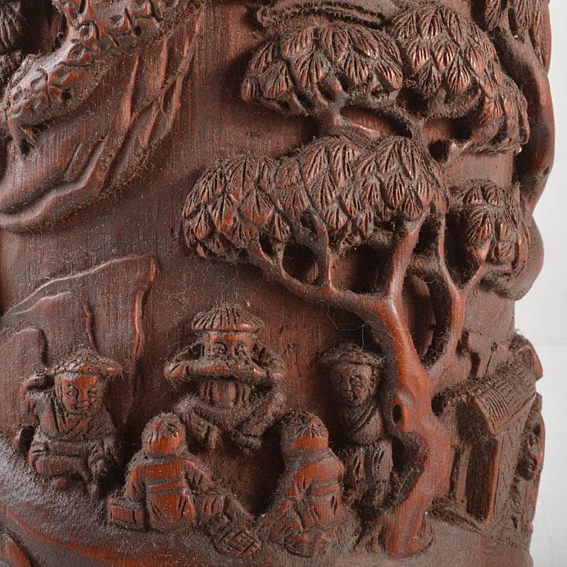 中国　乾隆御題　古竹彫刻　漢詩山水人物雕　筆筒　C　R7140E