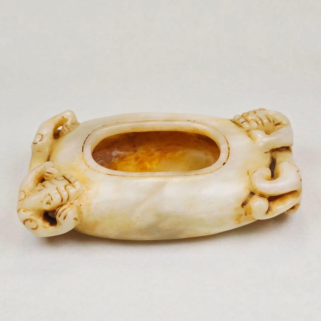 古文房具 本物和田白玉 原石 手彫 清代 双龍出郭 筆洗 筆添 墨池 水鉢 激安