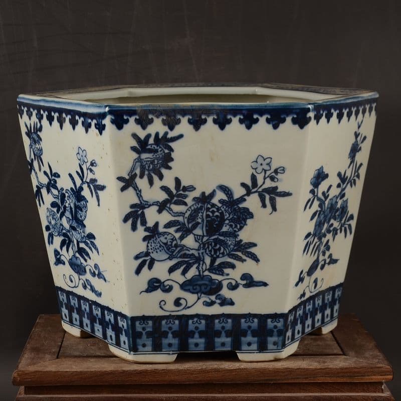 サバの実紋の六方鉢盆栽 工芸品 美術品 置物