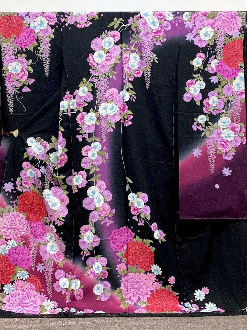 振袖 仮絵羽 銀通し 刺繍 紋意匠 牡丹 藤 正絹 未仕立て品 八掛付き