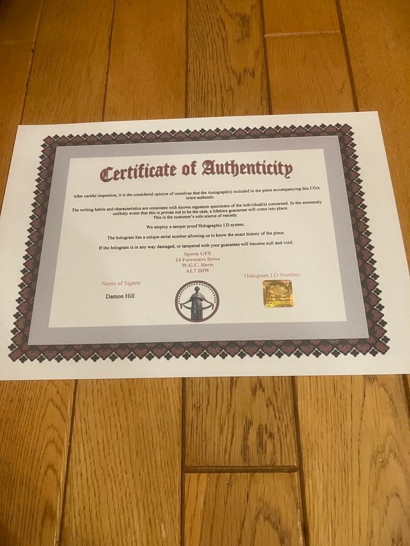 デーモン　ヒル　ウィリアムズルノー　直筆サイン　証明書付き　1995 FW17