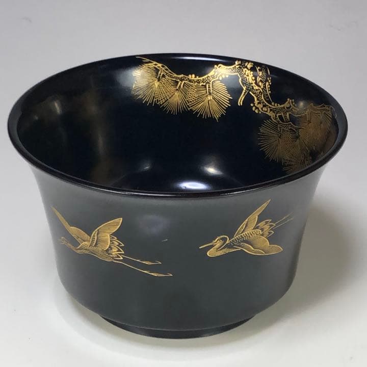 木製漆器沈金松双鶴皿付き盃洗