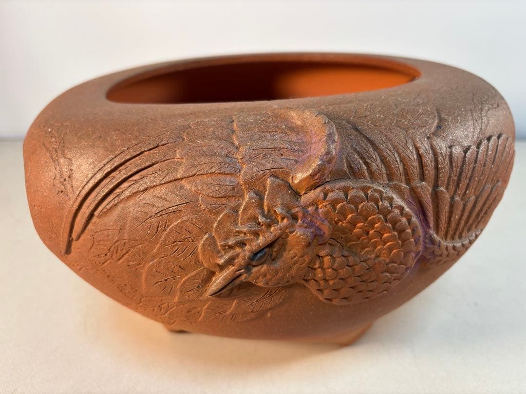 陶器製茶道具 鳳凰風炉　茶釜　敷板(皿)付き