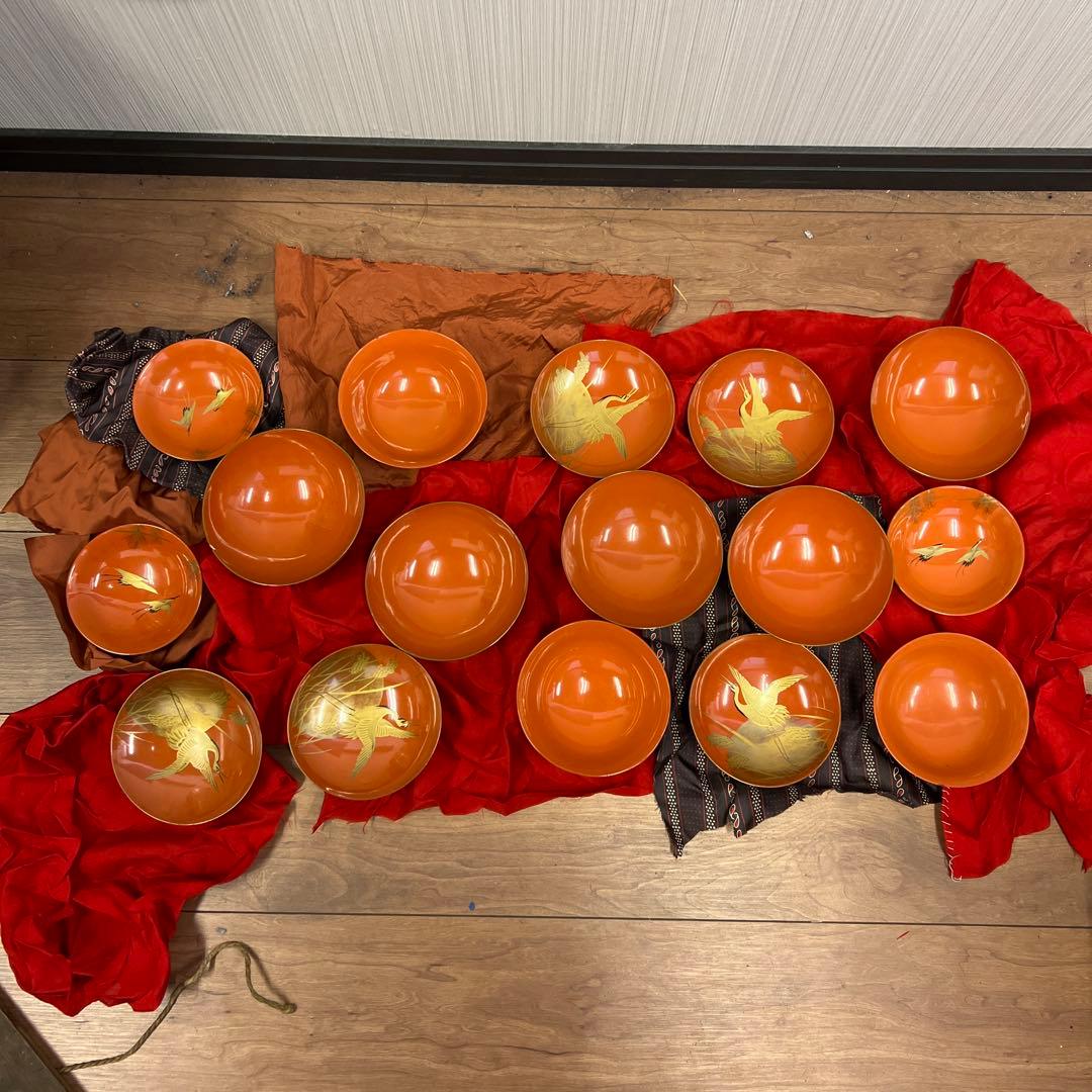 オレンジ色の漆器 椀 15個セット