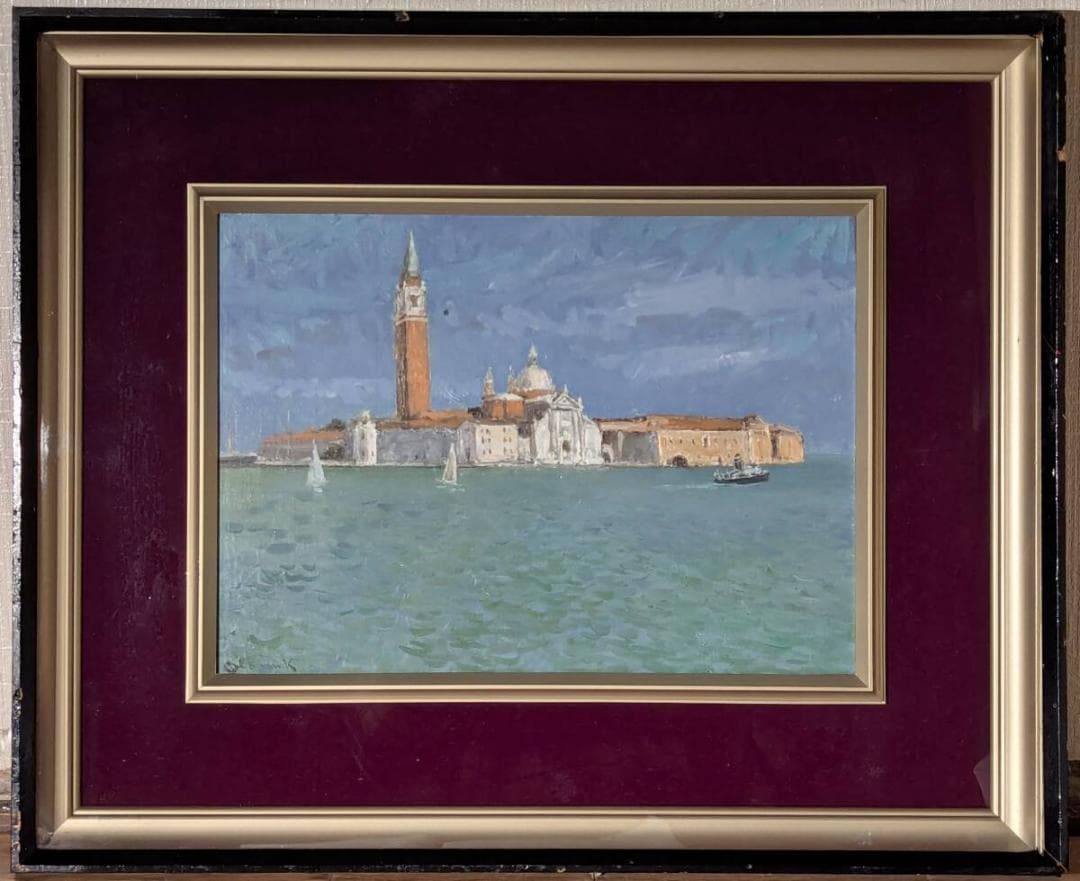 【真作】絵画　油彩4号　ベニス風景　ヴェネツィア風景画　海と教会の風景　X27