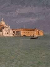 【真作】絵画　油彩4号　ベニス風景　ヴェネツィア風景画　海と教会の風景　X27