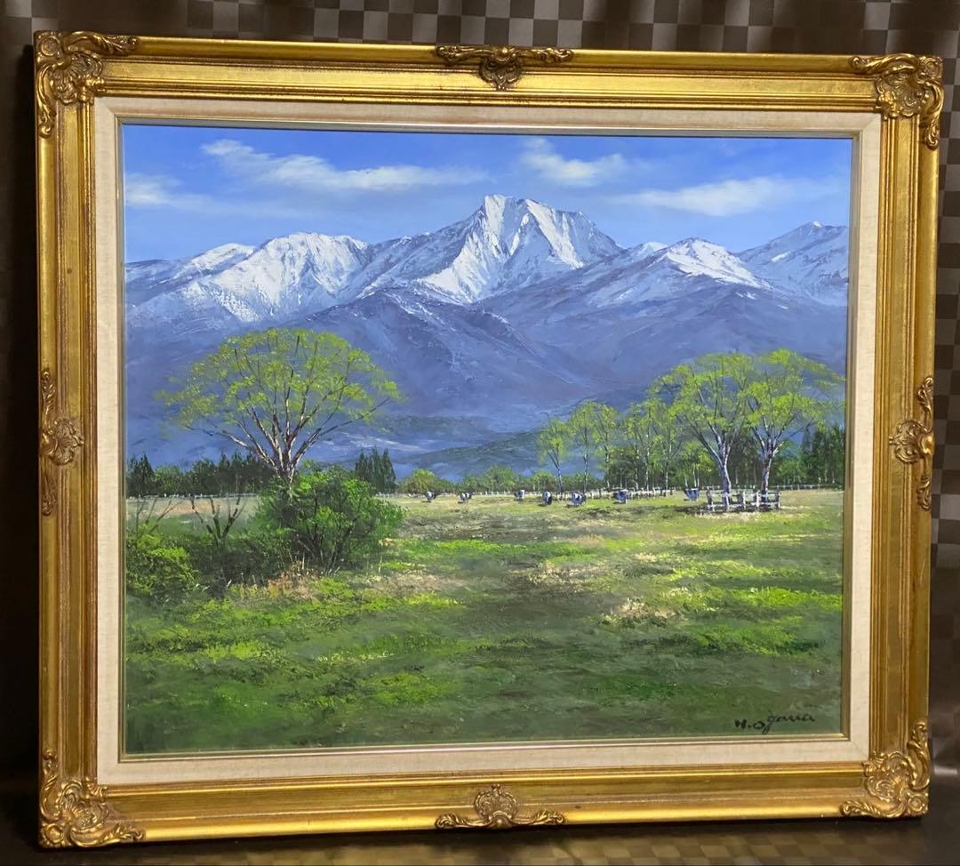 風景画 油彩画　小川久雄　【八ヶ岳牧場】　F20号　油絵　大型　額縁　額装