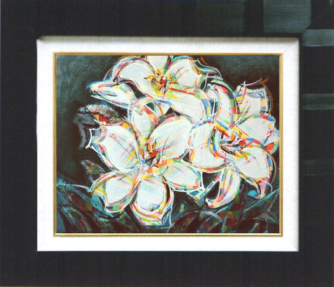 油絵 菅家令子 絵 絵画インテリア額付(青緑＋金色の枠)F4-091316 ゆり