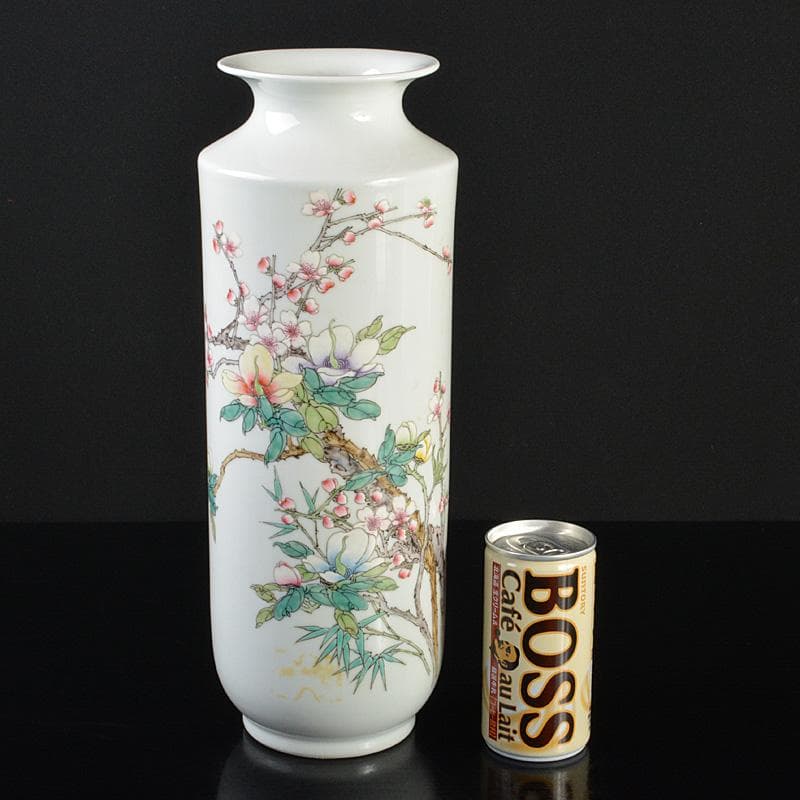 中国　致遠堂製　粉彩　花漢詩文　筒瓶　花瓶　V　R6768F