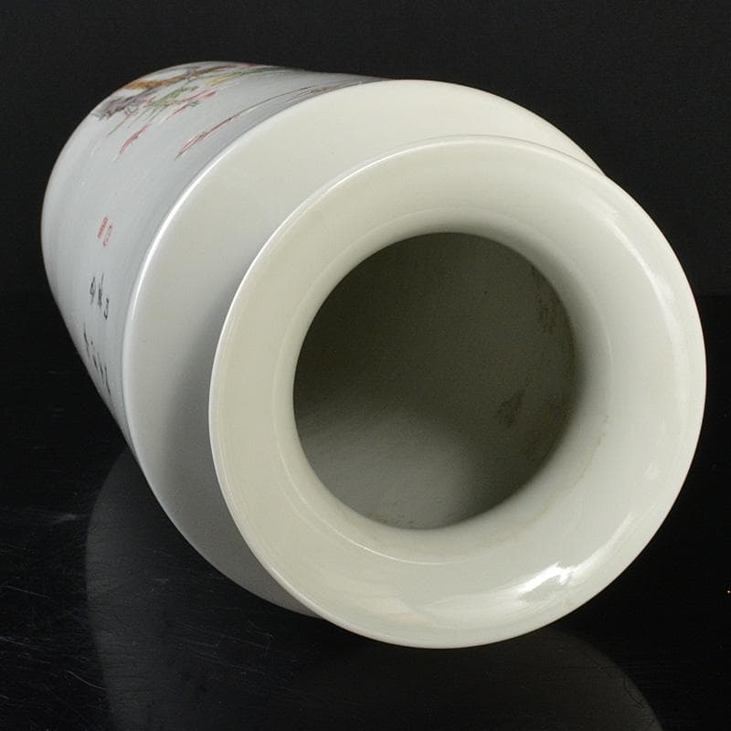 中国　致遠堂製　粉彩　花漢詩文　筒瓶　花瓶　V　R6768F