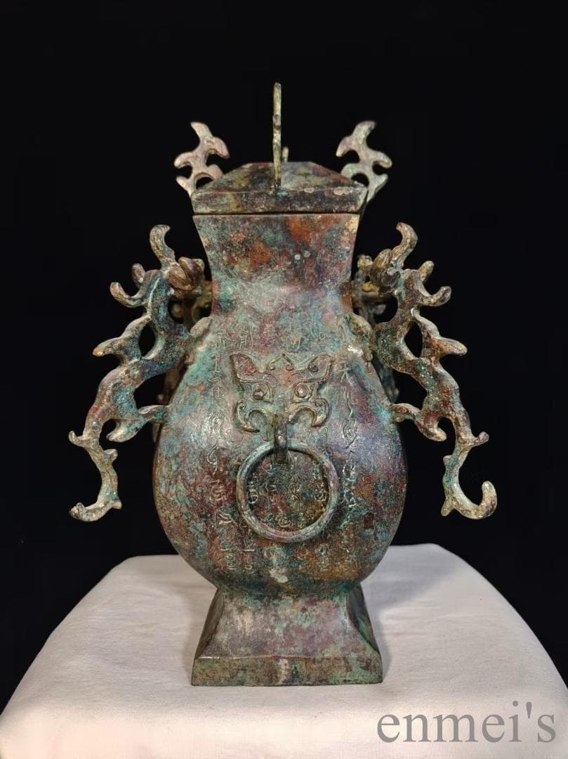 中国古美術【中山王方壺】青銅器 銘文 重器 礼器 酒具 純銅製 高浮彫 文房置物