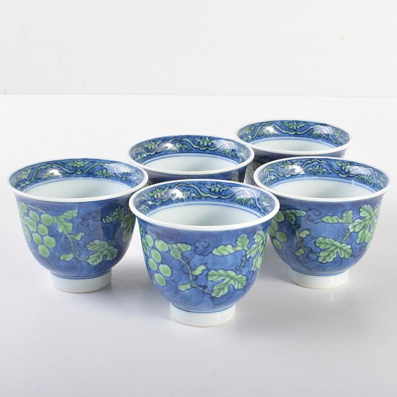 煎茶道具　有田焼　館林源右衛門　染錦　桐花文　湯呑　煎茶碗　5客　V　R6762