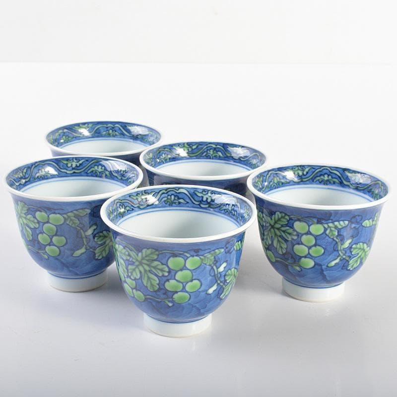 煎茶道具　有田焼　館林源右衛門　染錦　桐花文　湯呑　煎茶碗　5客　V　R6762