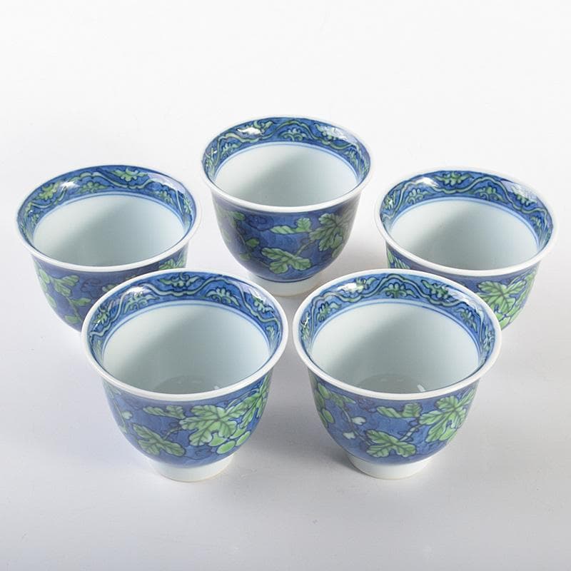 煎茶道具　有田焼　館林源右衛門　染錦　桐花文　湯呑　煎茶碗　5客　V　R6762