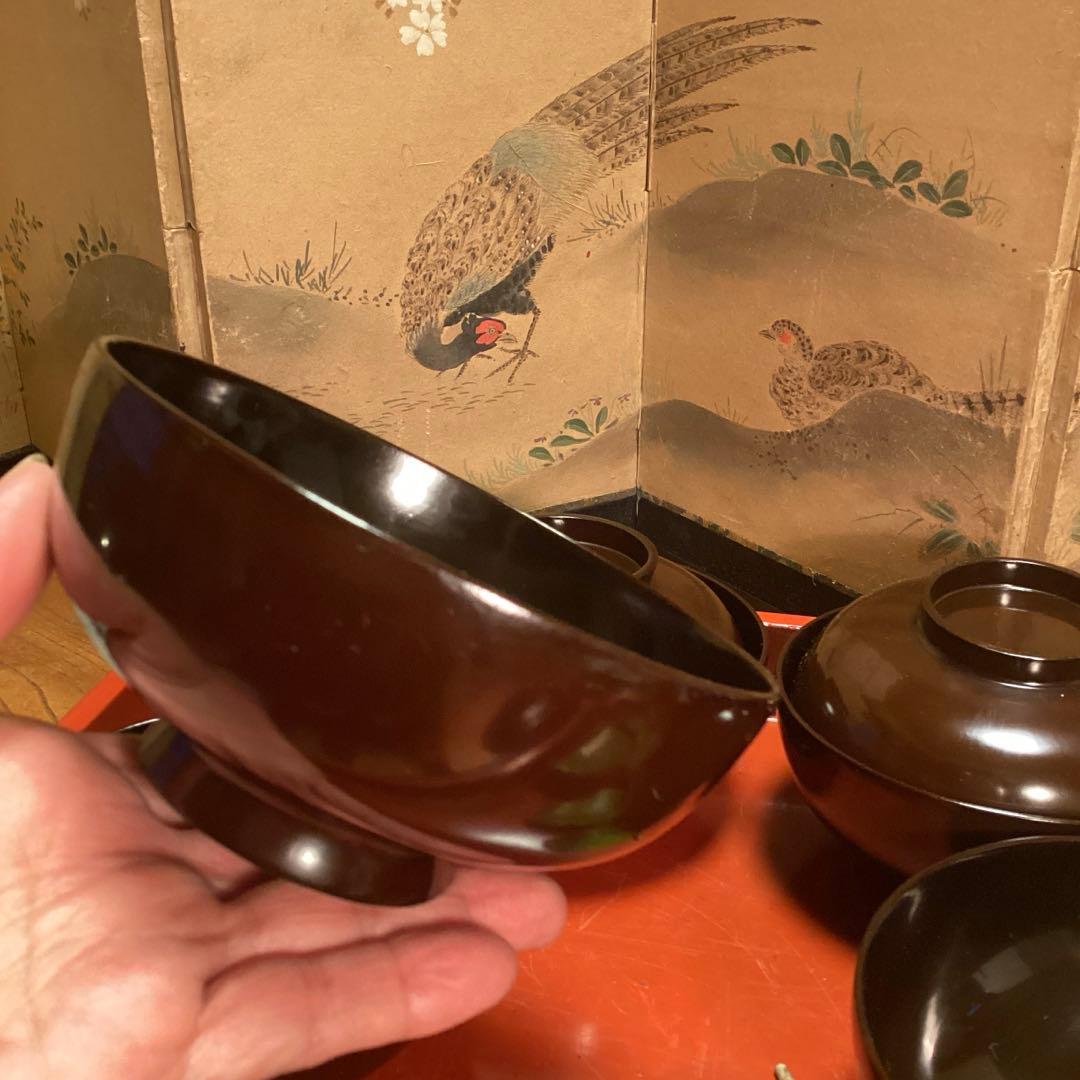 A914 木製輪島塗　潤み色　隠し絵蒔絵　閑古鳥蒔絵　鶏　5客