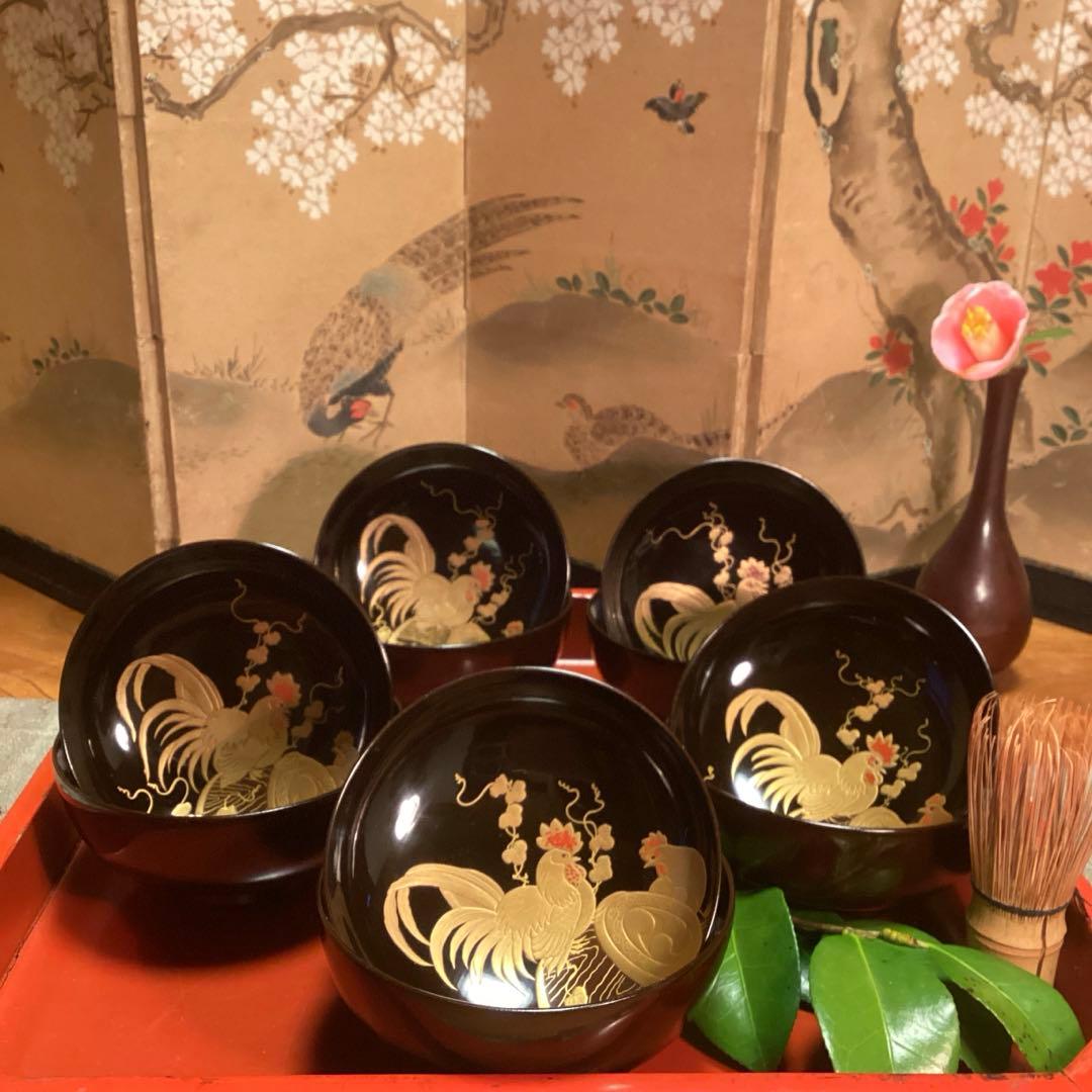 A914 木製輪島塗　潤み色　隠し絵蒔絵　閑古鳥蒔絵　鶏　5客