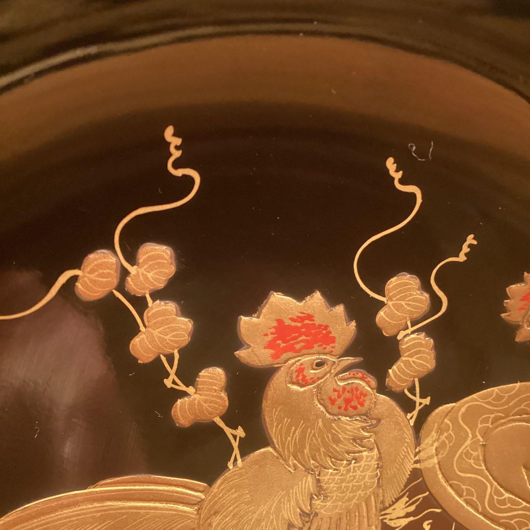 A914 木製輪島塗　潤み色　隠し絵蒔絵　閑古鳥蒔絵　鶏　5客