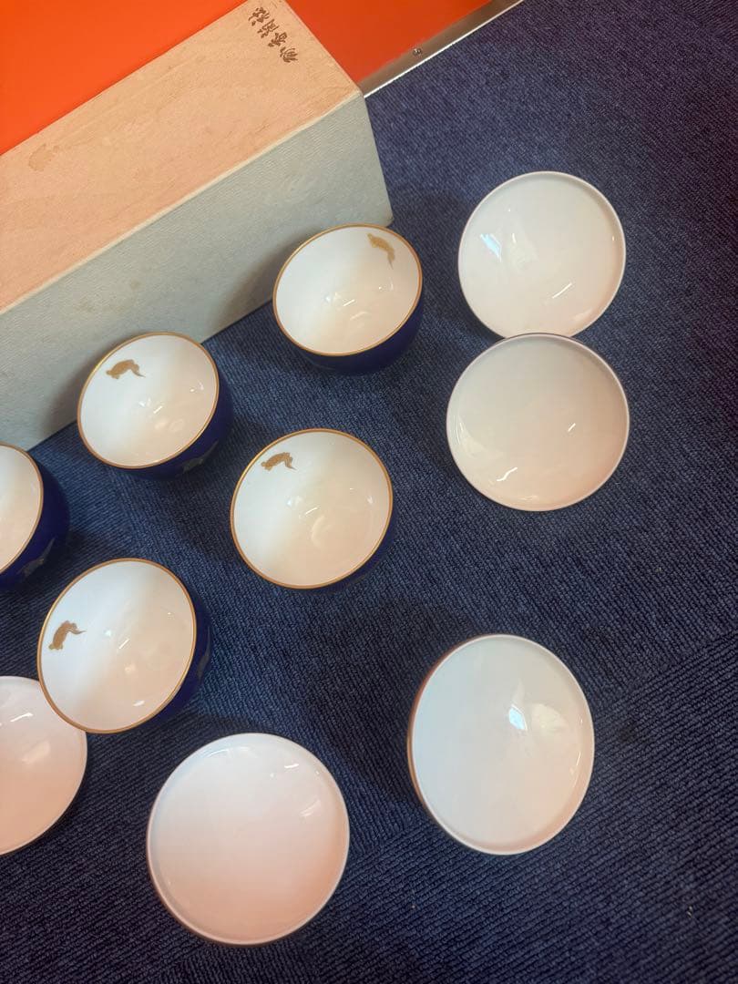 1882 香蘭社　瑠璃鶴亀　湯呑蓋付　5客　金彩　未使用