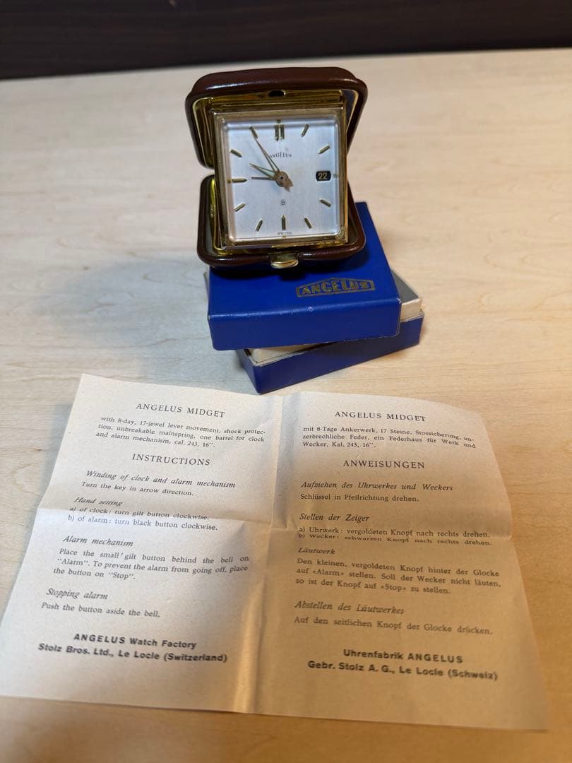 ANGELUS 置時計 トラベルクロック 手巻き アラーム付き スイス製 稼働品