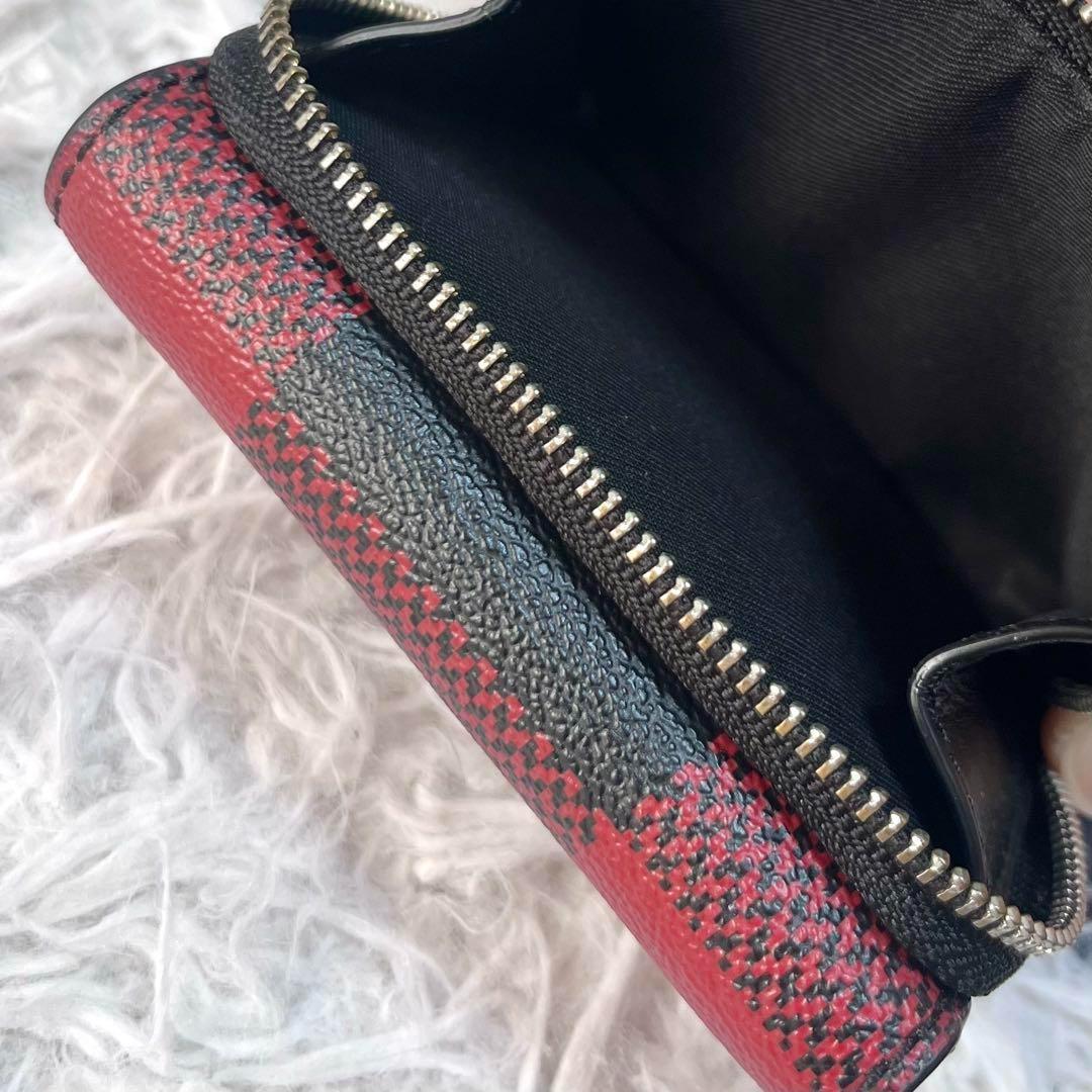 【美品】COACH コーチ 格子柄 三つ折り財布 コンパクトウォレット 赤×黒