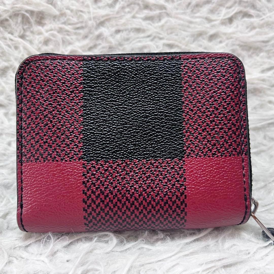 【美品】COACH コーチ 格子柄 三つ折り財布 コンパクトウォレット 赤×黒