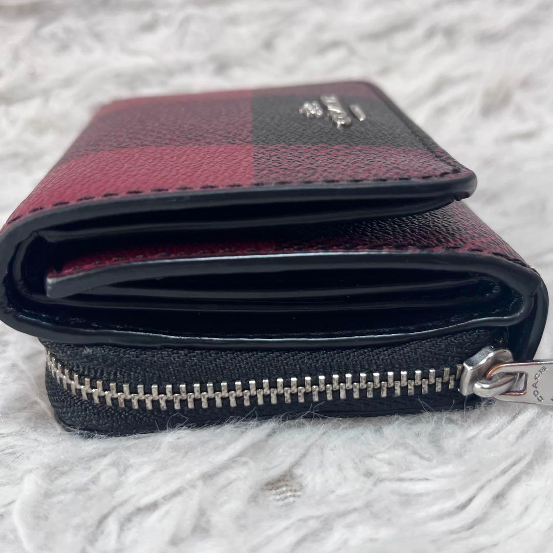 【美品】COACH コーチ 格子柄 三つ折り財布 コンパクトウォレット 赤×黒