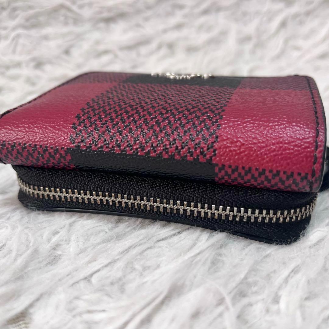 【美品】COACH コーチ 格子柄 三つ折り財布 コンパクトウォレット 赤×黒