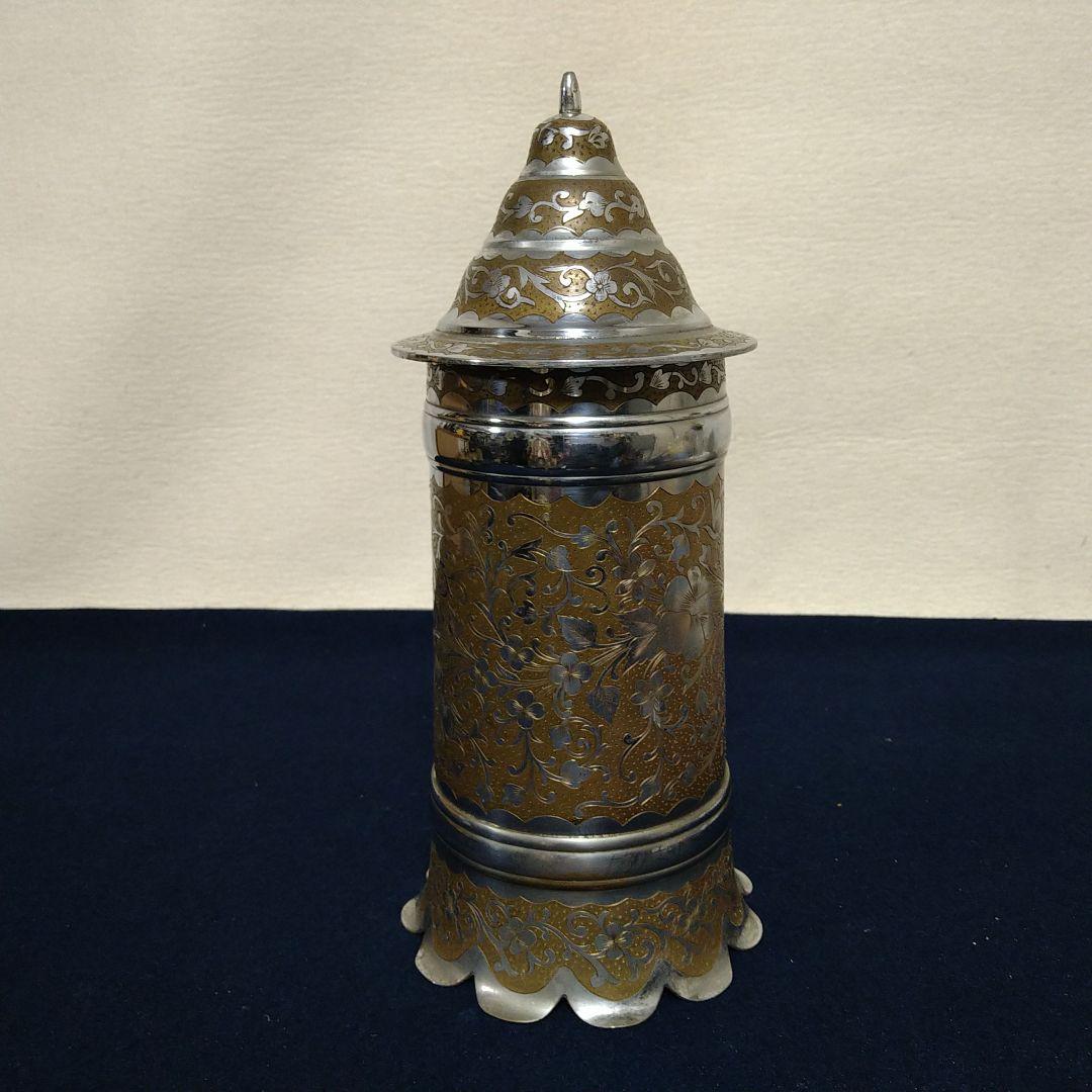 A968 銀製彫金オルゴール 稼働 ピッチャー形【ビンテージ】インド彫金 置物