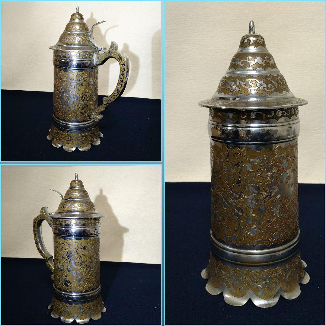 A968 銀製彫金オルゴール 稼働 ピッチャー形【ビンテージ】インド彫金 置物