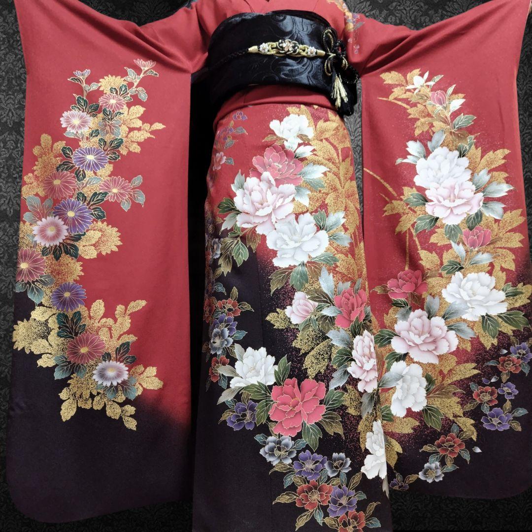 振袖フルセット(7点)・成人式・さがみ誂製・大輪牡丹・金銀彩加工・モダン・正絹