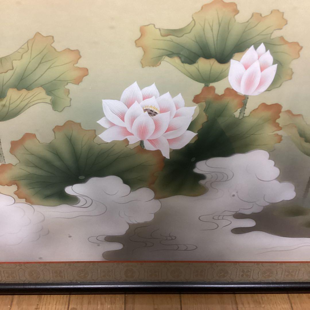 扁額　日本画　【　秀　園　筆　】　蓮の花図　木枠扁額仕立　47cmx123cm