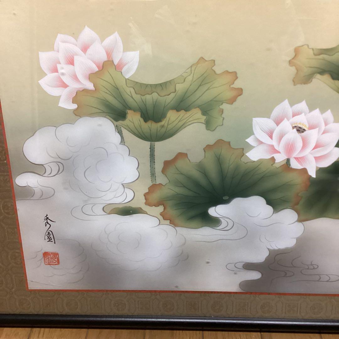 扁額　日本画　【　秀　園　筆　】　蓮の花図　木枠扁額仕立　47cmx123cm