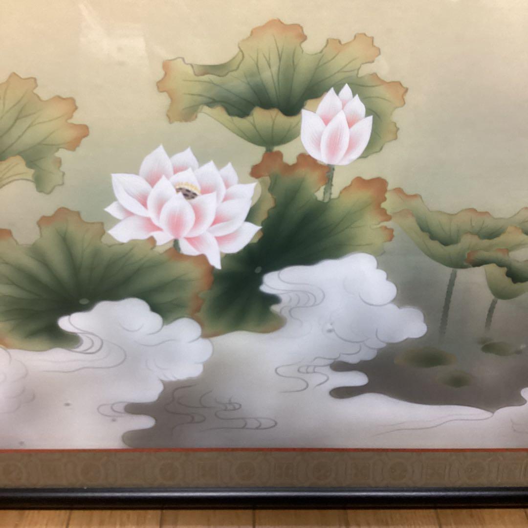 扁額　日本画　【　秀　園　筆　】　蓮の花図　木枠扁額仕立　47cmx123cm