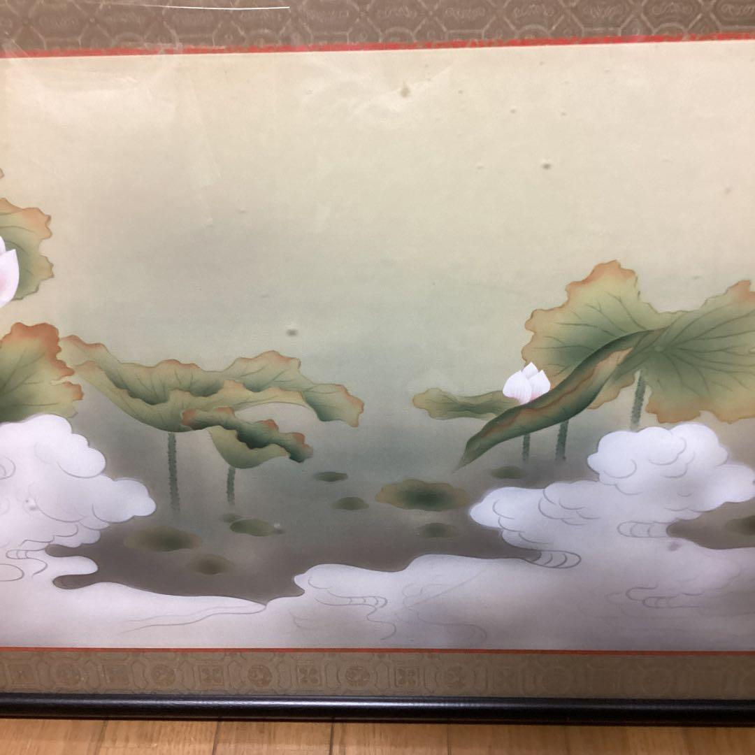 扁額　日本画　【　秀　園　筆　】　蓮の花図　木枠扁額仕立　47cmx123cm