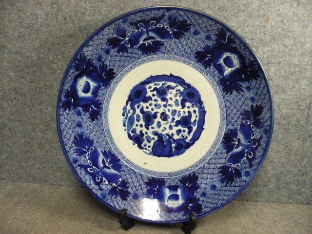 伊万里 格子 蝶 花 ベロ藍 大皿 [B31374]