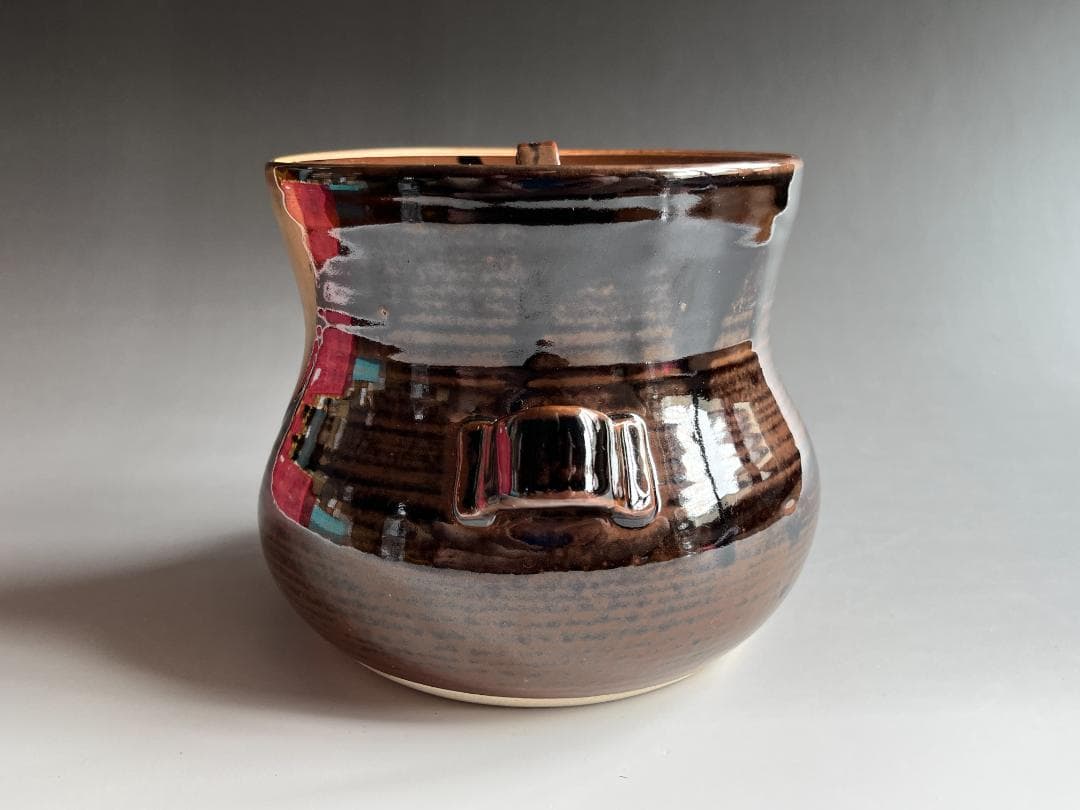 げんじょー　陽炎園　膳所焼　下耳付水指　尋牛斎書付