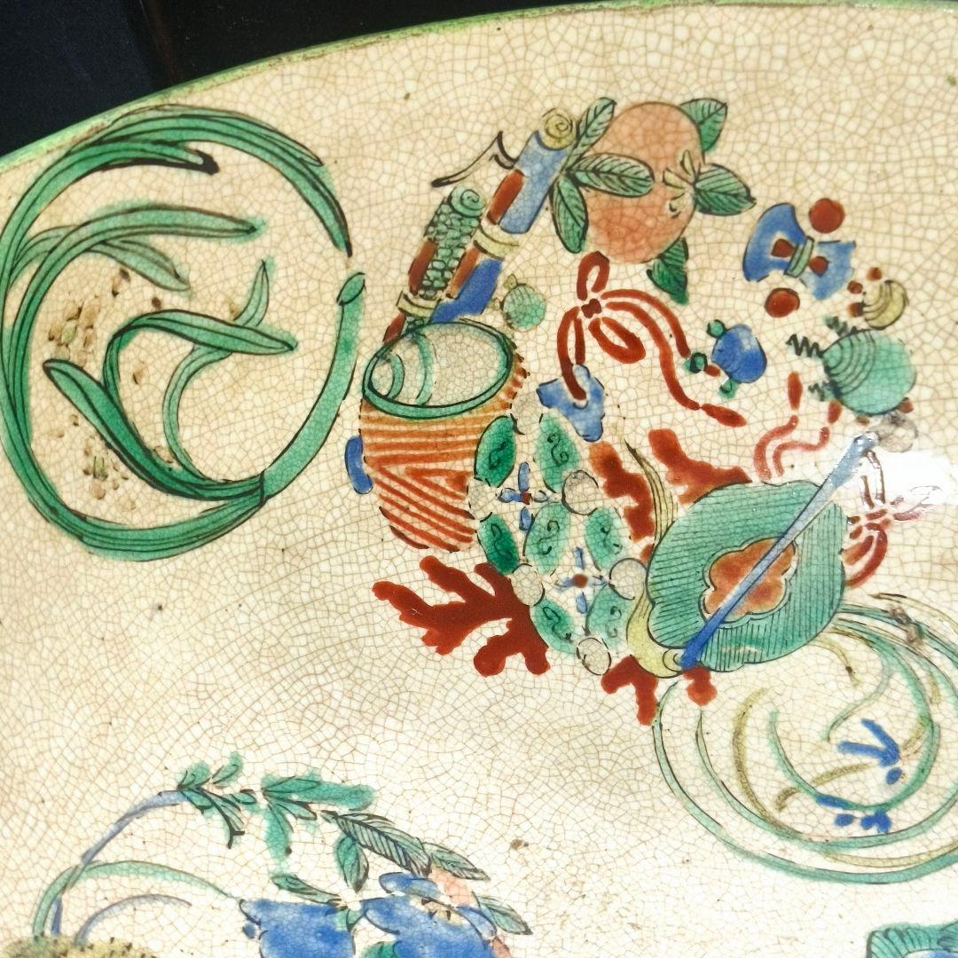 茶道具 古九谷焼 色絵水指 手描き花丸文 幕末骨董 木製漆蓋 桐箱入旧家蔵出し