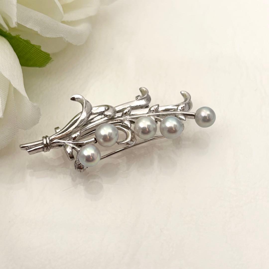380【ミキモト】シルバー　パール　ブローチ　帯留め