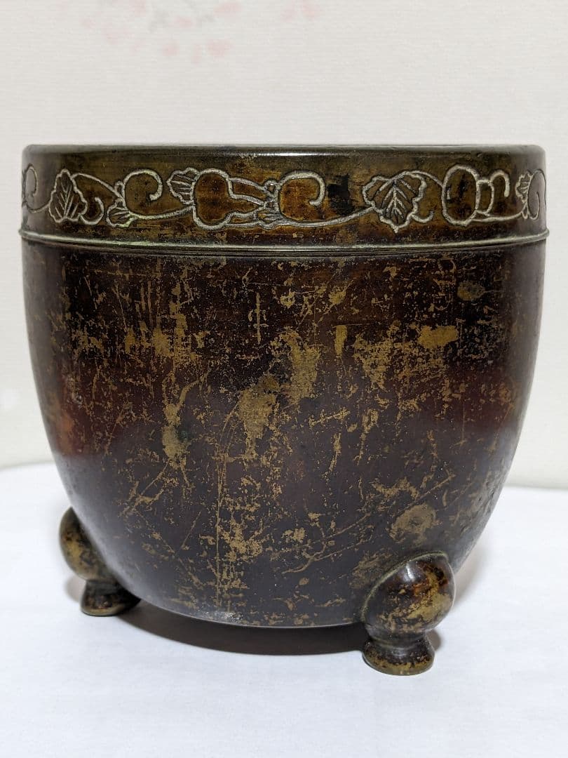 ♦中国 宣徳銅 唐金古玩 瓢箪に蔓紋様 三足火入 三足香炉 金属工芸 美術骨董品