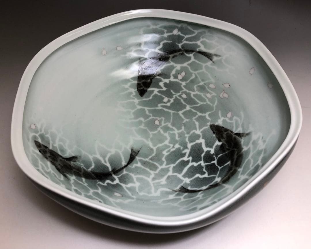 末岡信彦作　釉描色絵桜魚水面図鉢 共箱　日本美術　皿　インテリア　藤本能道愛弟子