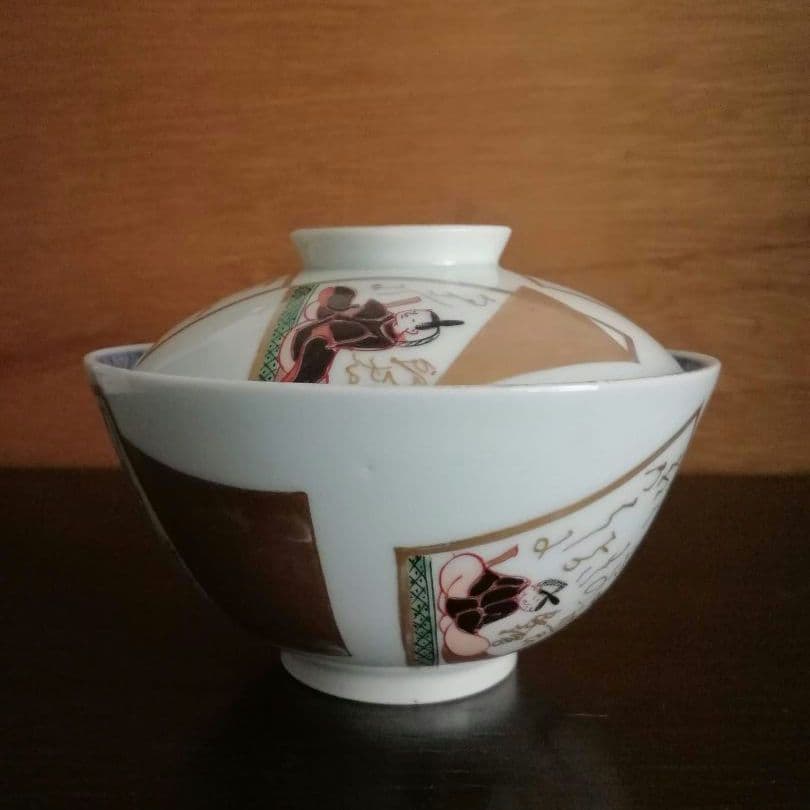 蓋椀2客　５弁花紋様　金彩　手書き　古伊万里　江戸時代　冨貴長春　歌人　和骨董